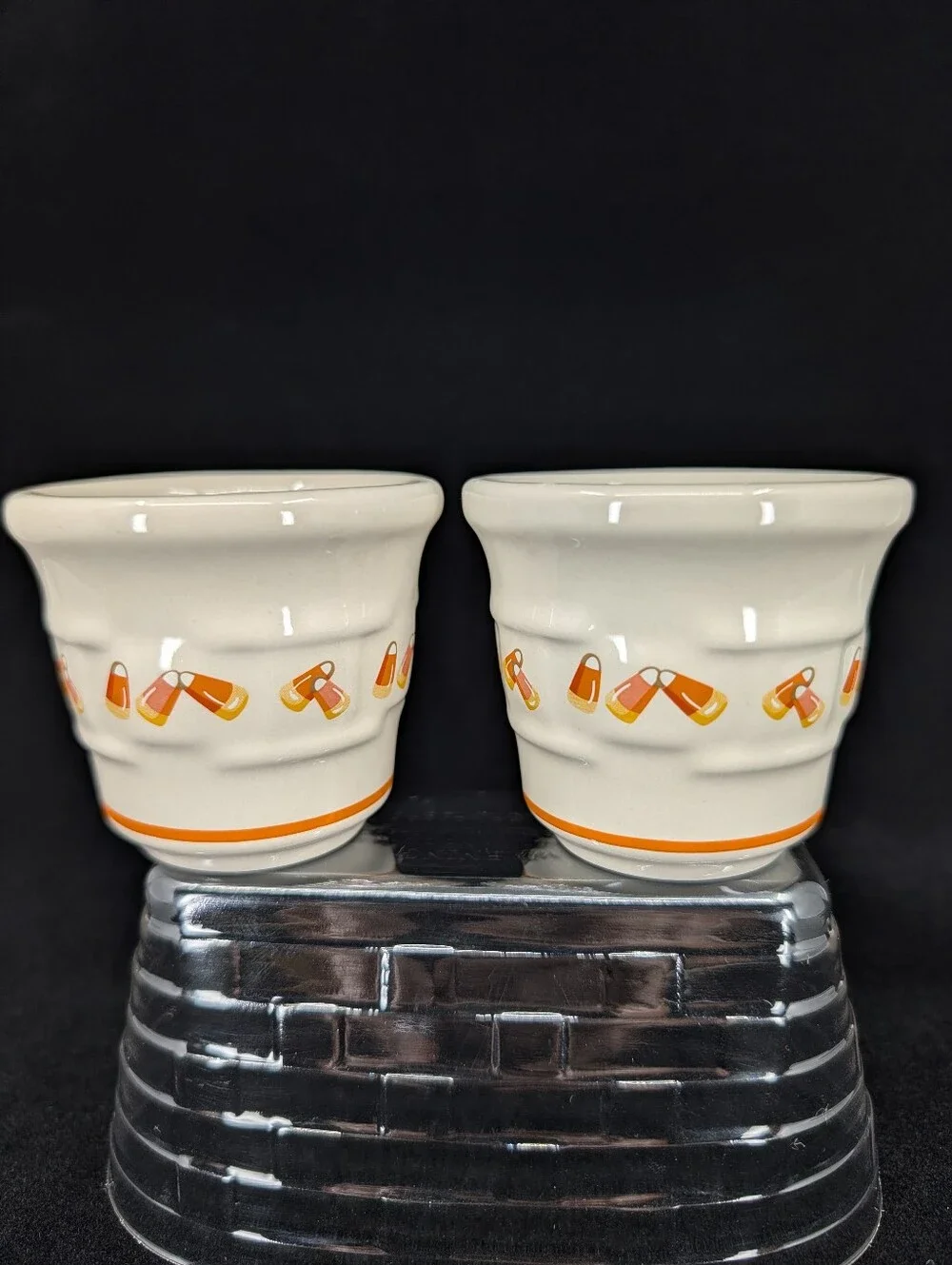 Longaberger Woven Tradition Pottery 1999 Halloween Candy Corn Votive Cup Set (2)